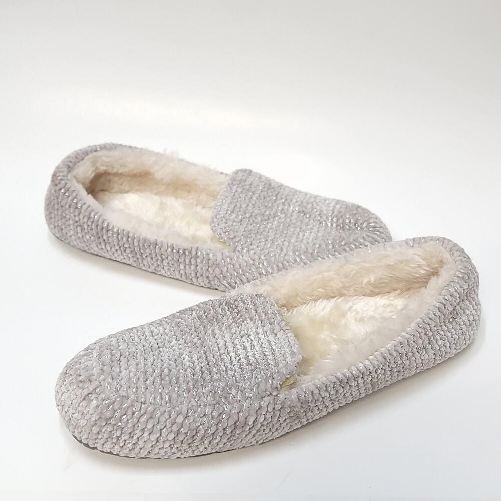 Stars Above Slippers Size 11 Silver Faux Fur Womens Shoe Indoor Comfort